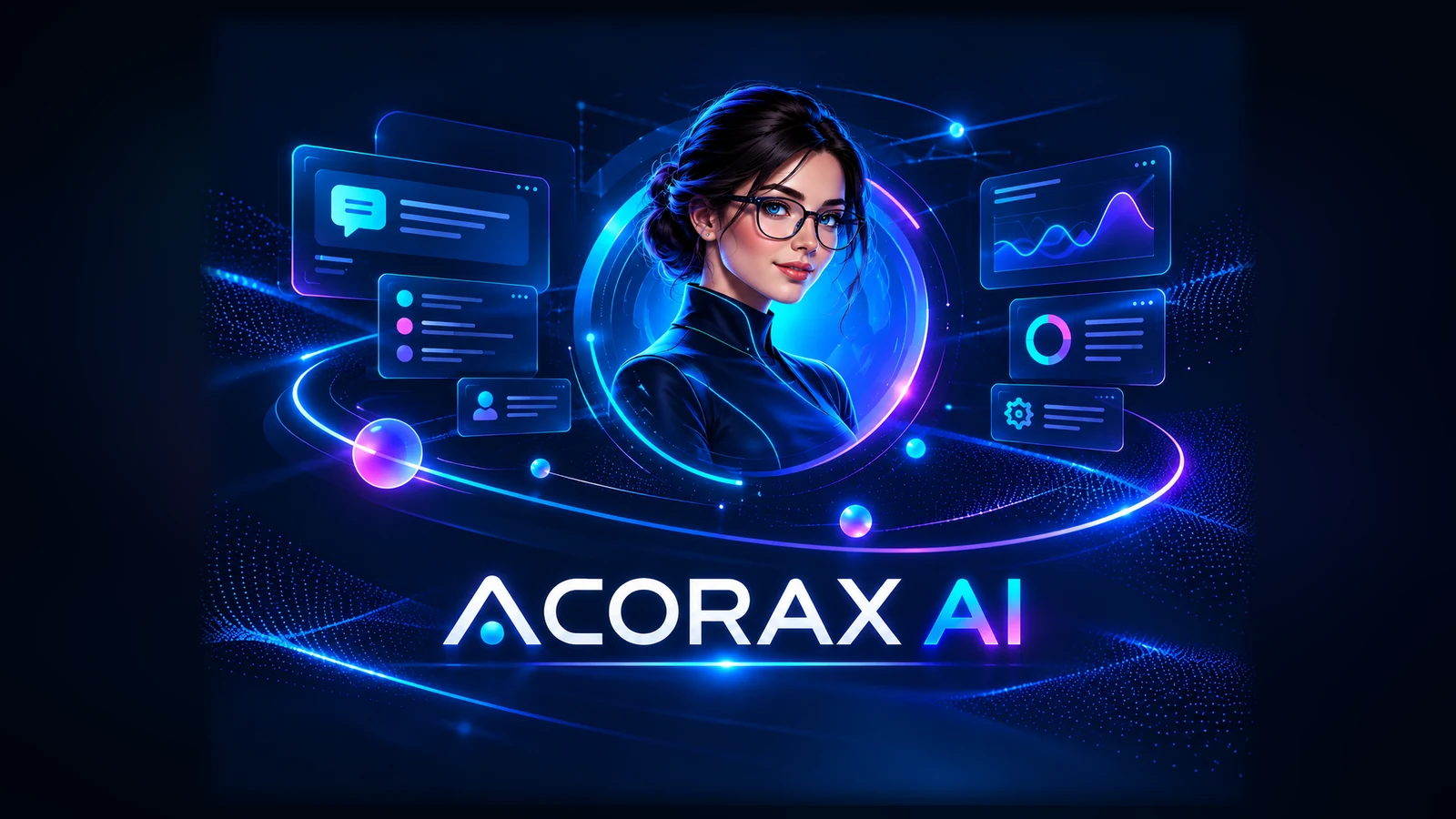 Acorax AI: representación de Scarlett con cabello oscuro, lentes y ojos azules en una interfaz inteligente